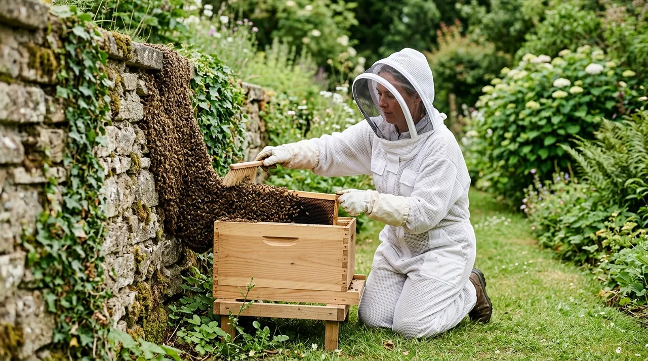 Apiculteur en combinaison recuperant un essaim d abeilles