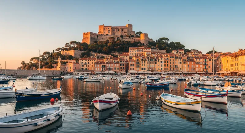 Vue du château et du port de Pornic au coucher du soleil