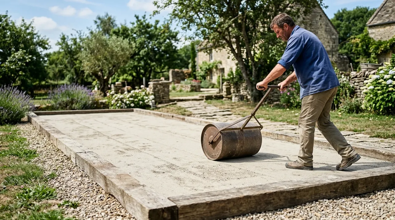 Compactage du sable sur un terrain de pétanque en construction