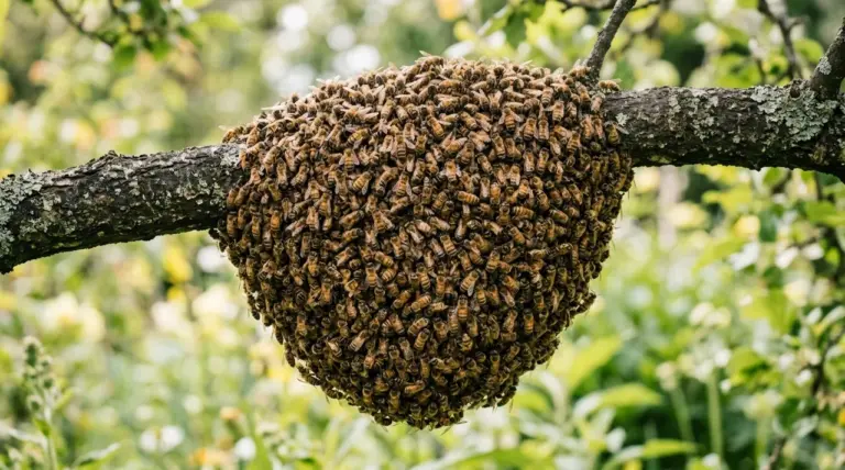 Essaim d abeilles accroche sur une branche de jardin
