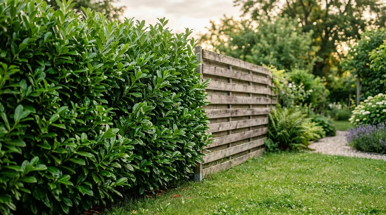 Haie brise-vue dense en laurier cerise dans un jardin