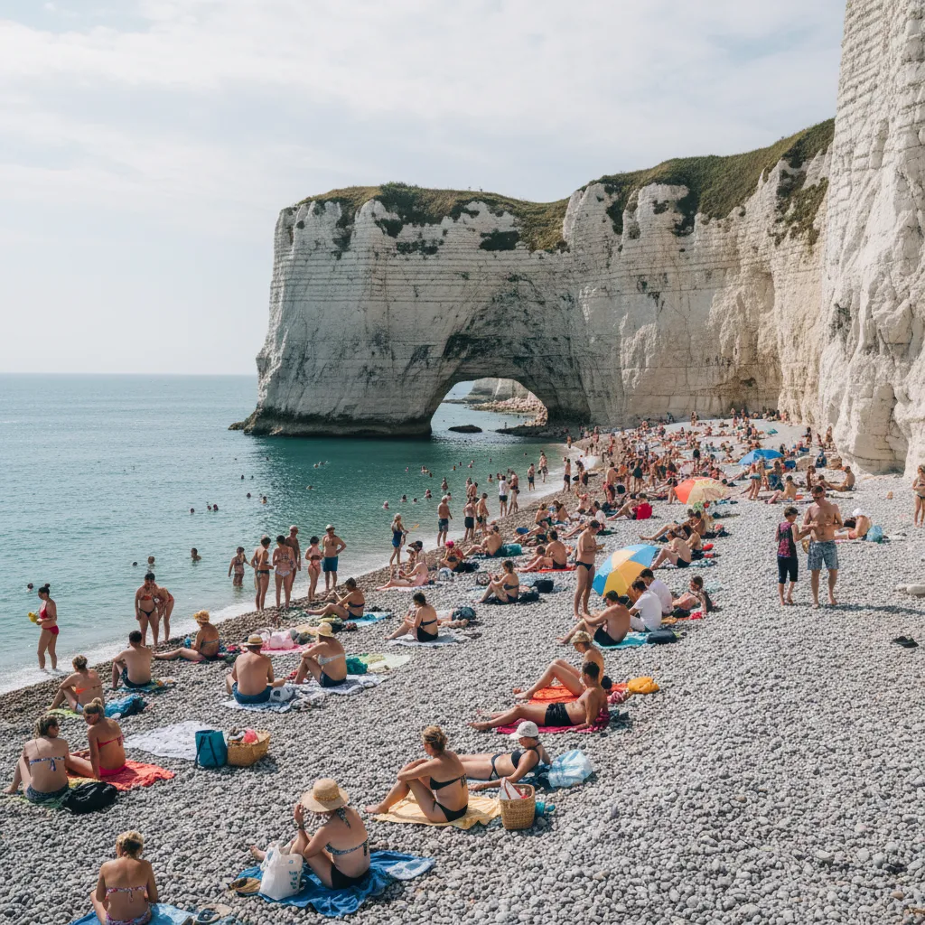 Plage de galets à Étretat en période de forte affluence