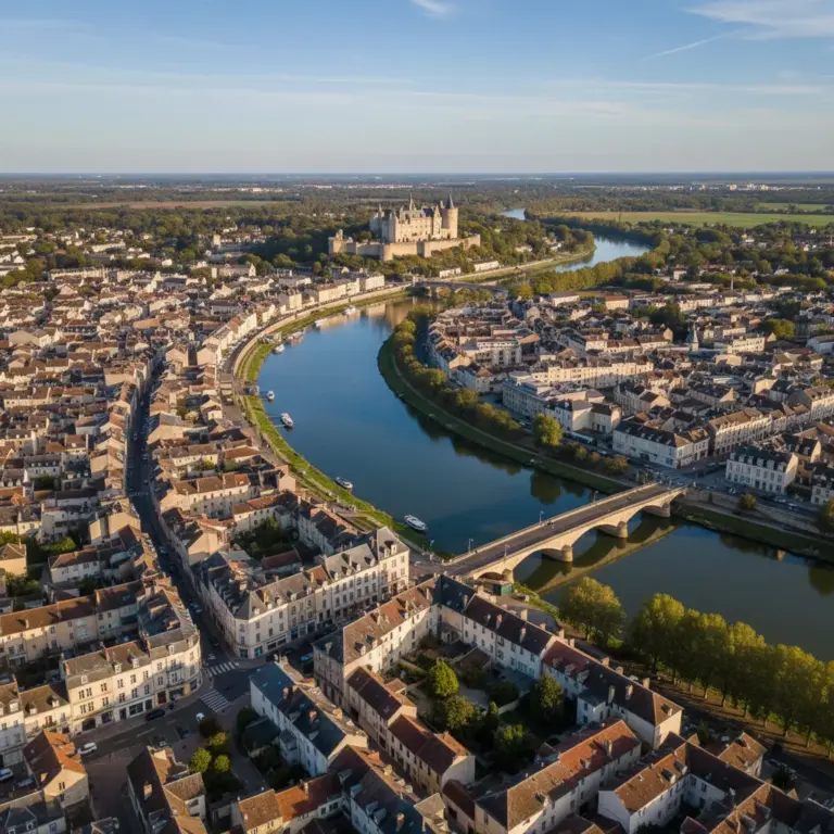 Vue aérienne de Blois et ses quartiers le long de la Loire