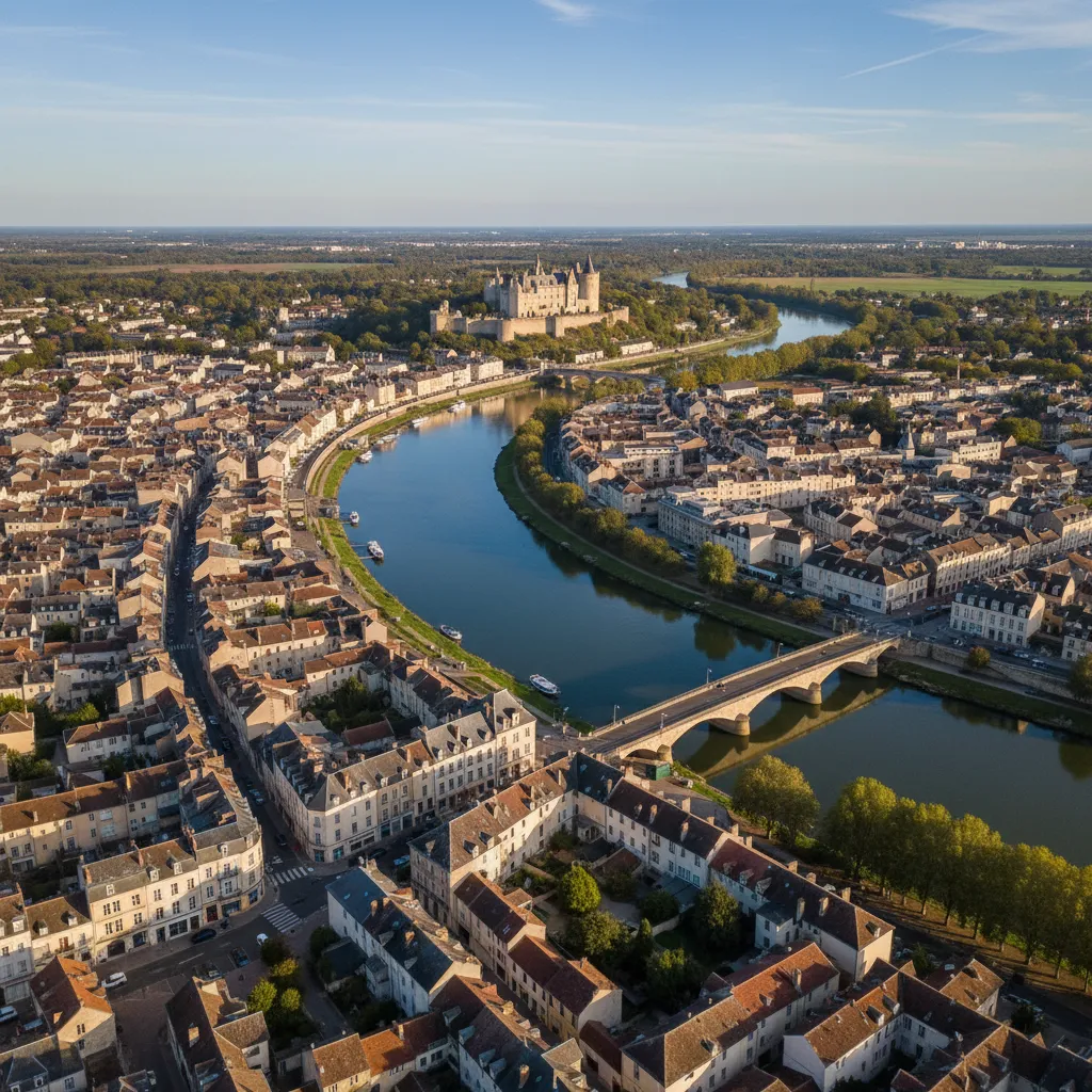 Vue aérienne de Blois et ses quartiers le long de la Loire