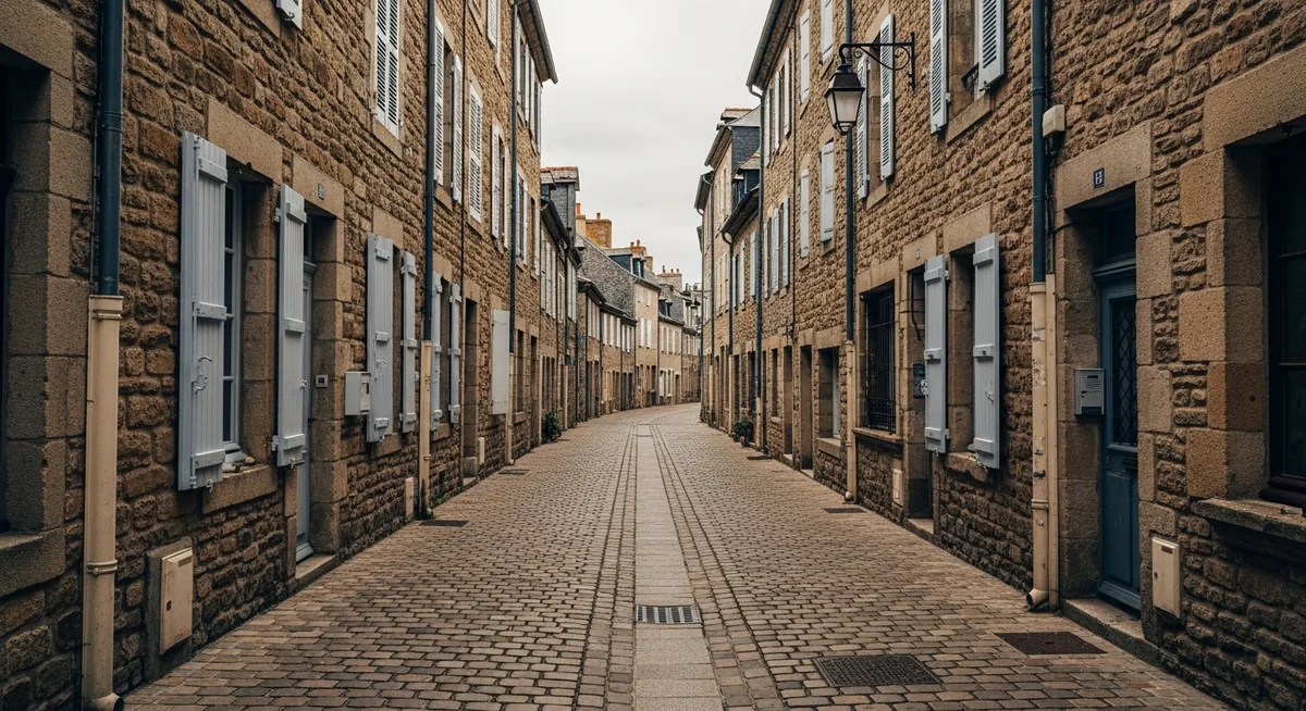 Rue déserte de Roscoff en hiver, volets fermés des résidences secondaires
