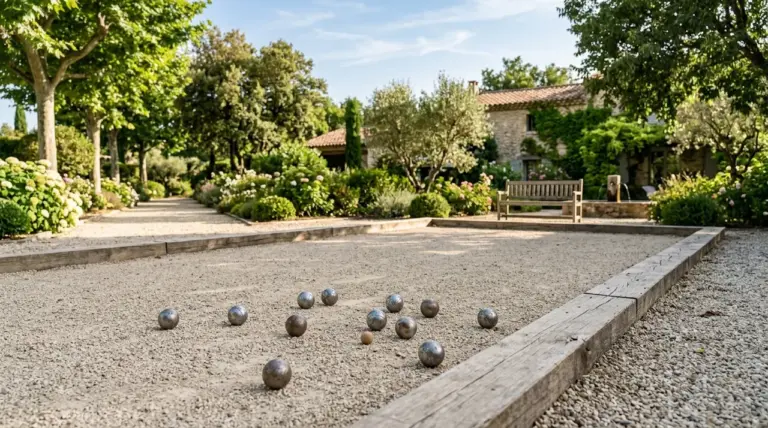 Terrain de pétanque aménagé dans un jardin