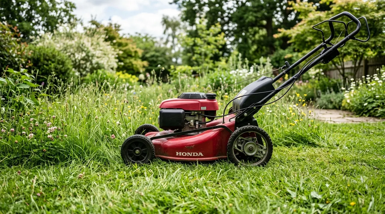 Tondeuse autotractée sur une pelouse de jardin