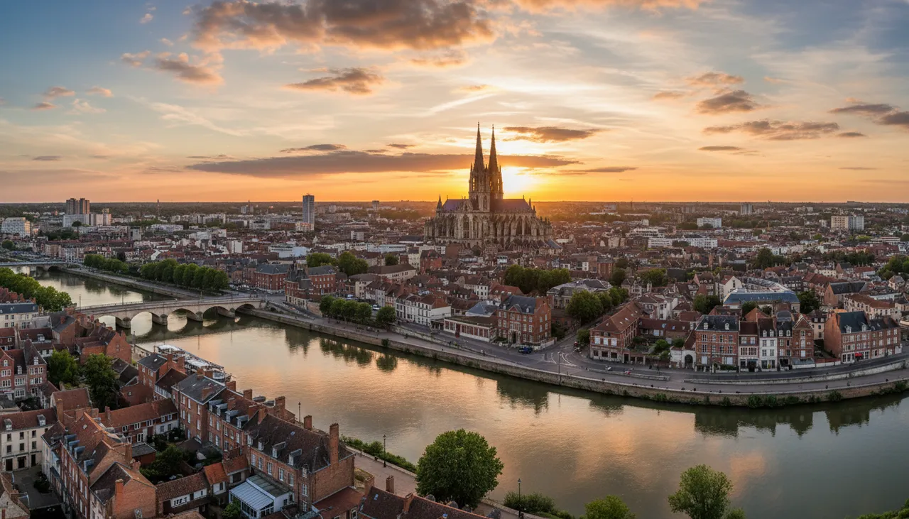 Vue panoramique d'Amiens avec la cathédrale et la Somme