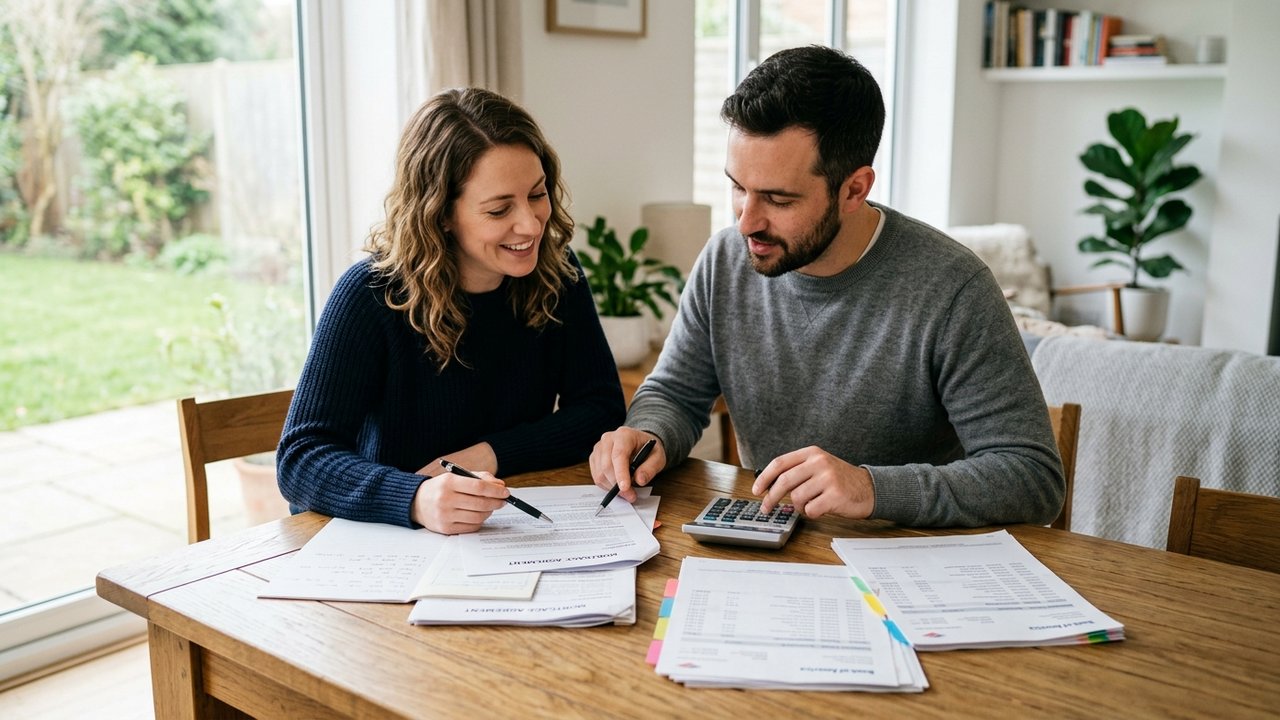 Couple consultant des documents d'emprunt immobilier avec calculatrice