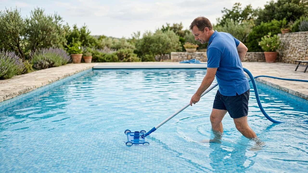 Nettoyage du fond d'une piscine avec un balai aspirateur manuel