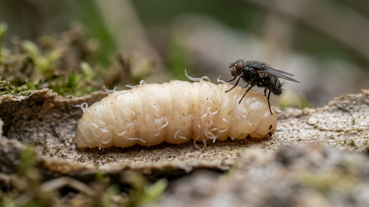 Mouche parasitoïde Conops vesicularis et nématodes infectant larve de frelon