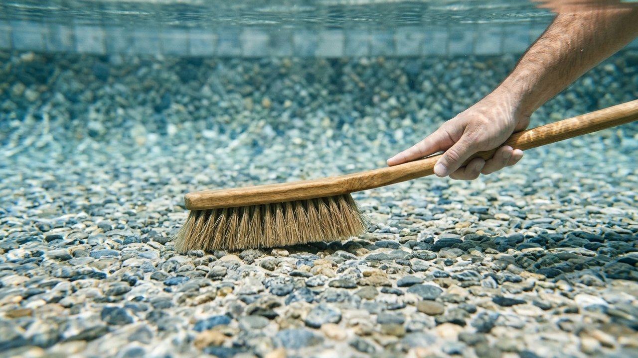 Brossage délicat du fond d'une piscine en moquette de pierre