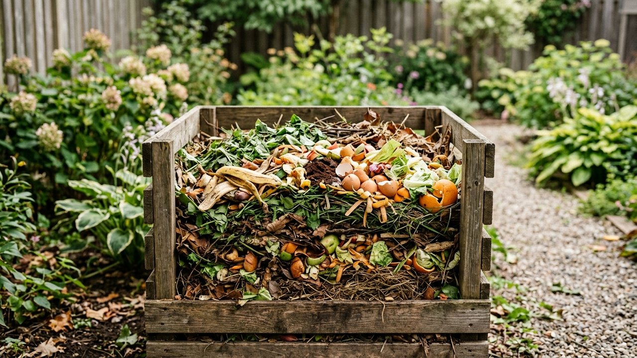 Bac de compost rempli de déchets de cuisine et matières organiques