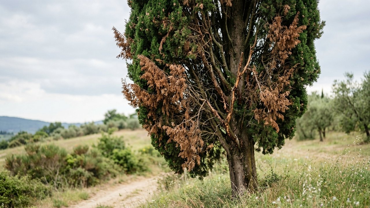 Branches malades d'un cyprès atteint du chancre de Seiridium