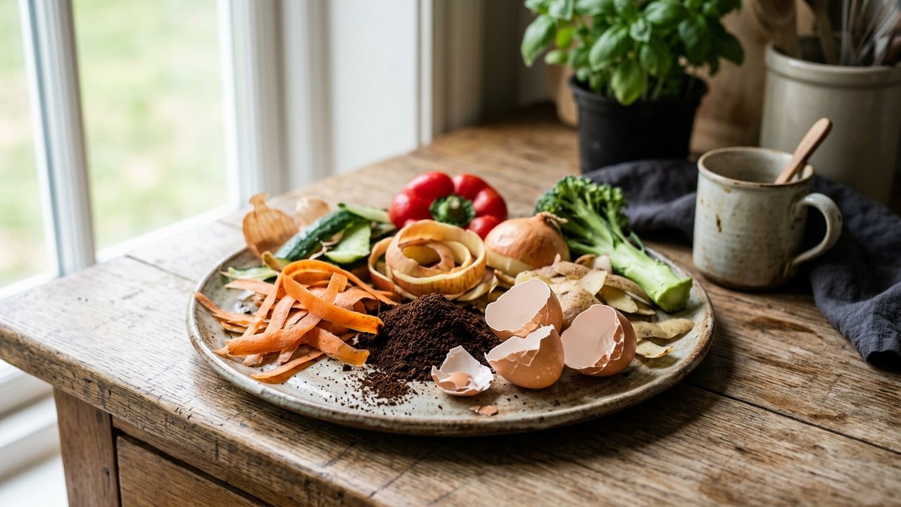 Épluchures, marc de café et coquilles d'œufs compostables