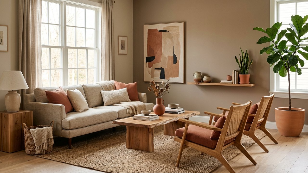 Palette de teintes terreuses : terracotta, beige et taupe