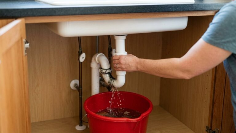 Démontage d'un siphon d'évier avec seau de récupération