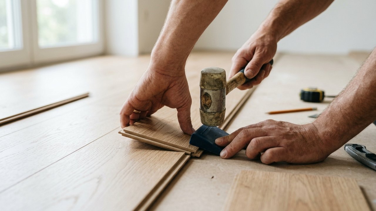 Emboîtement des lames de parquet stratifié avec cale martyr
