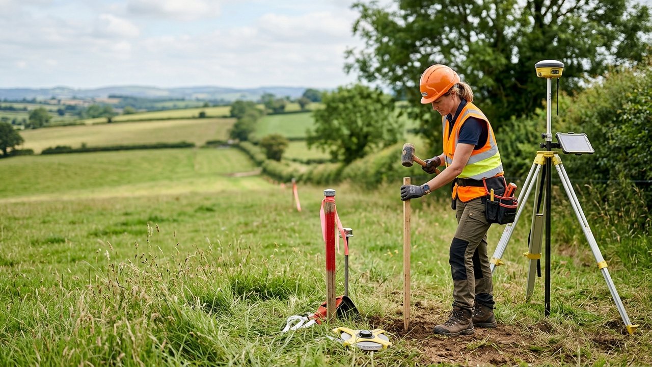 Géomètre délimitant une parcelle de terrain pour division