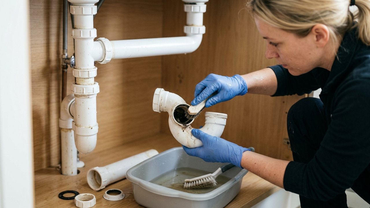 Nettoyage des pièces démontées d'un siphon plastique blanc