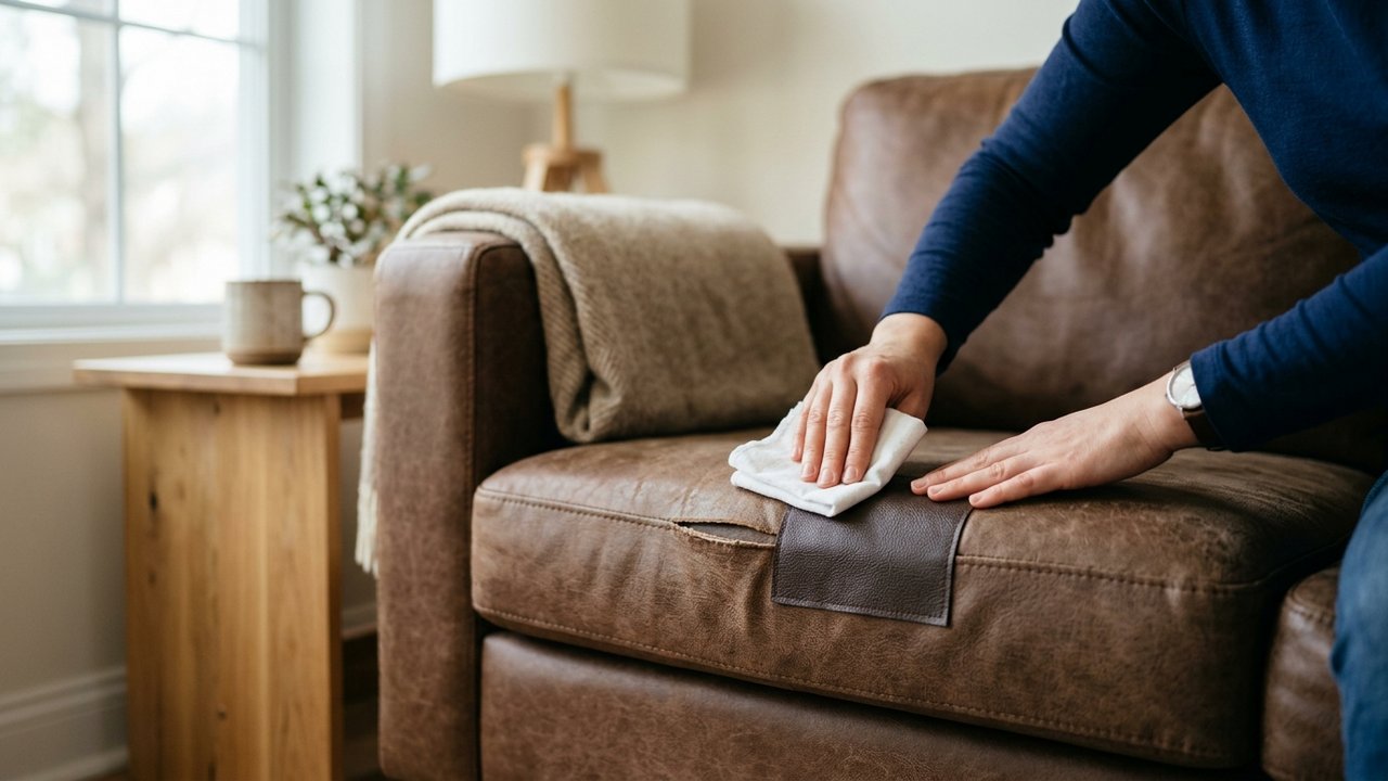 Pose d'un patch autocollant de réparation sur canapé en simili cuir