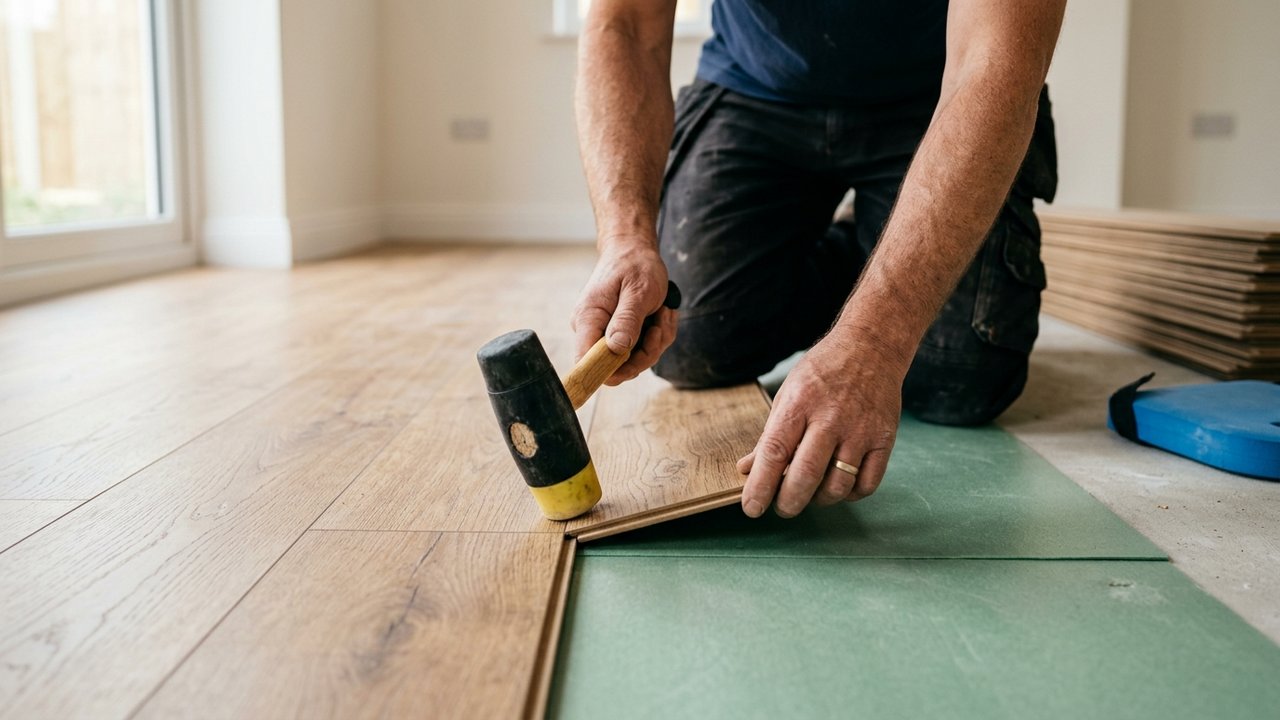 Pose de lames de parquet stratifié avec maillet en caoutchouc