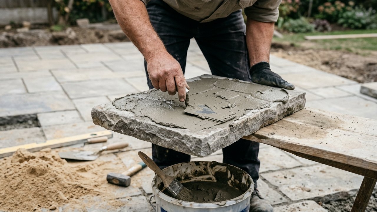 Application de barbotine sous un pavé posé sur mortier