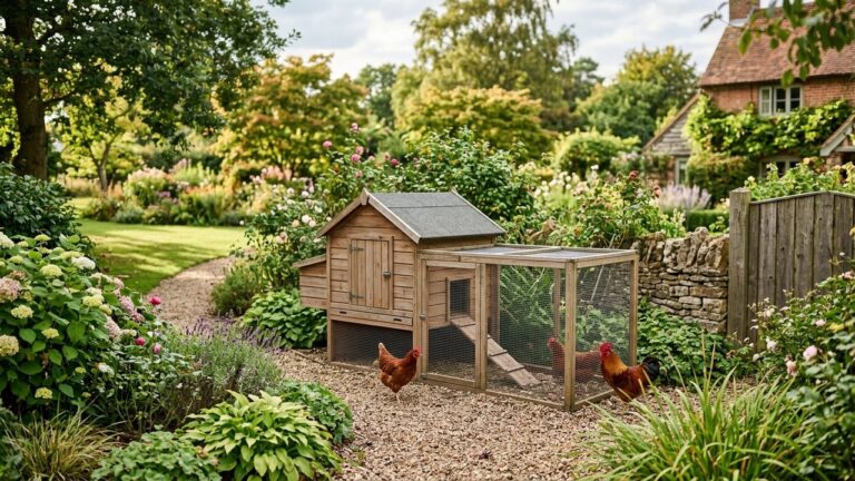 Petit poulailler fixe installé dans un jardin résidentiel