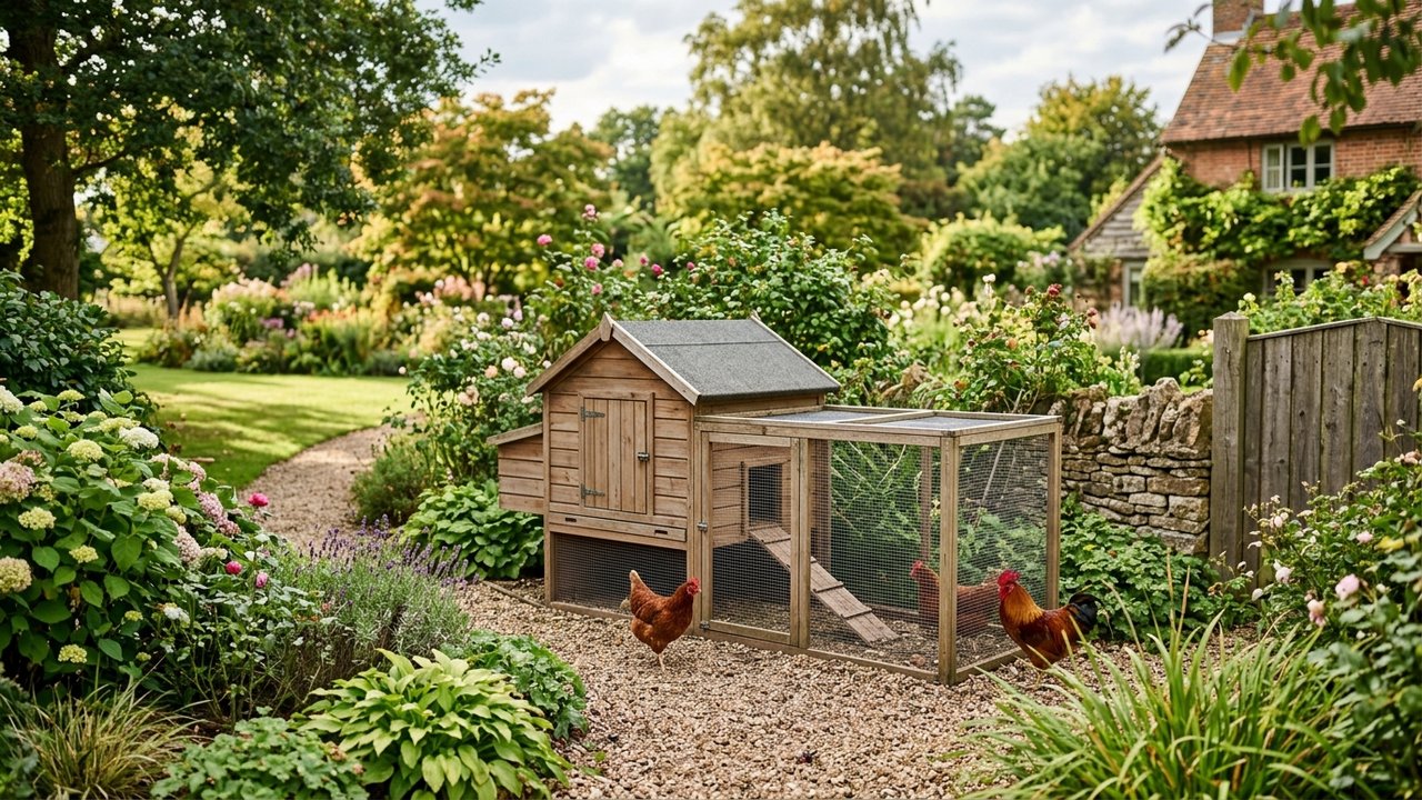 Petit poulailler fixe installé dans un jardin résidentiel