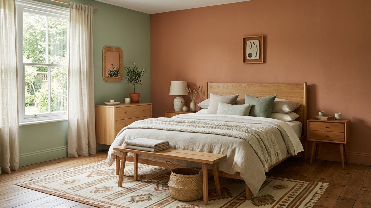 Décoration avec terracotta et vert sauge dans une chambre