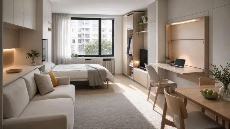 Petit studio lumineux avec mobilier compact et espace dégagé