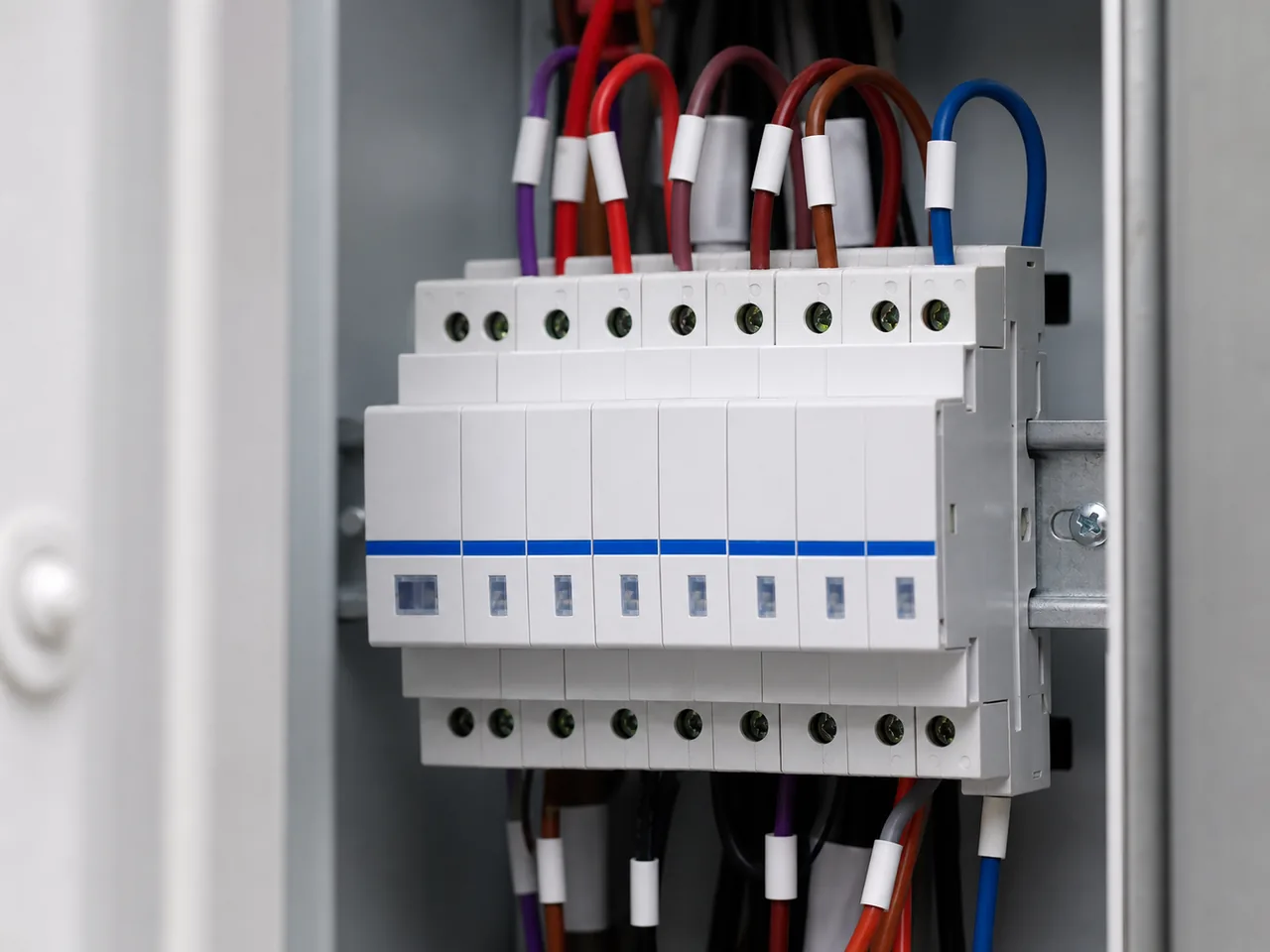 Fils électriques raccordés sur un télérupteur modulaire domestique