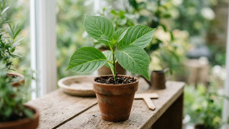 Bouture d'hortensia plantée dans un pot de terreau