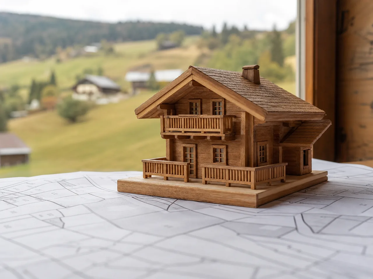 Maquette de chalet posée sur des documents d'urbanisme floutés