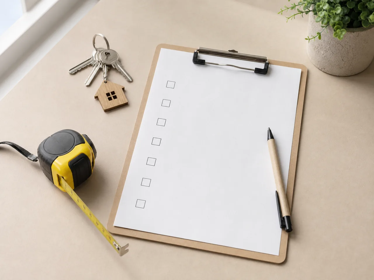 Checklist de travaux avec clés et mètre pour un projet immobilier