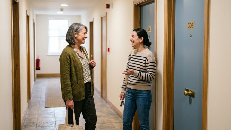 Conversation entre voisins dans un couloir d'immeuble résidentiel