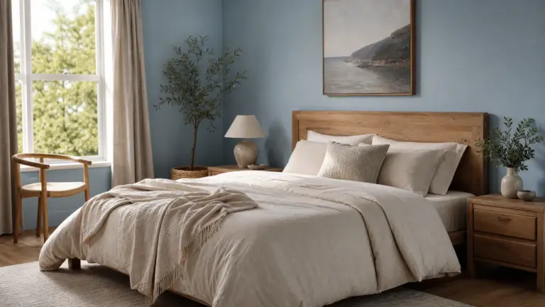 Chambre apaisante aux murs bleu doux avec linge beige