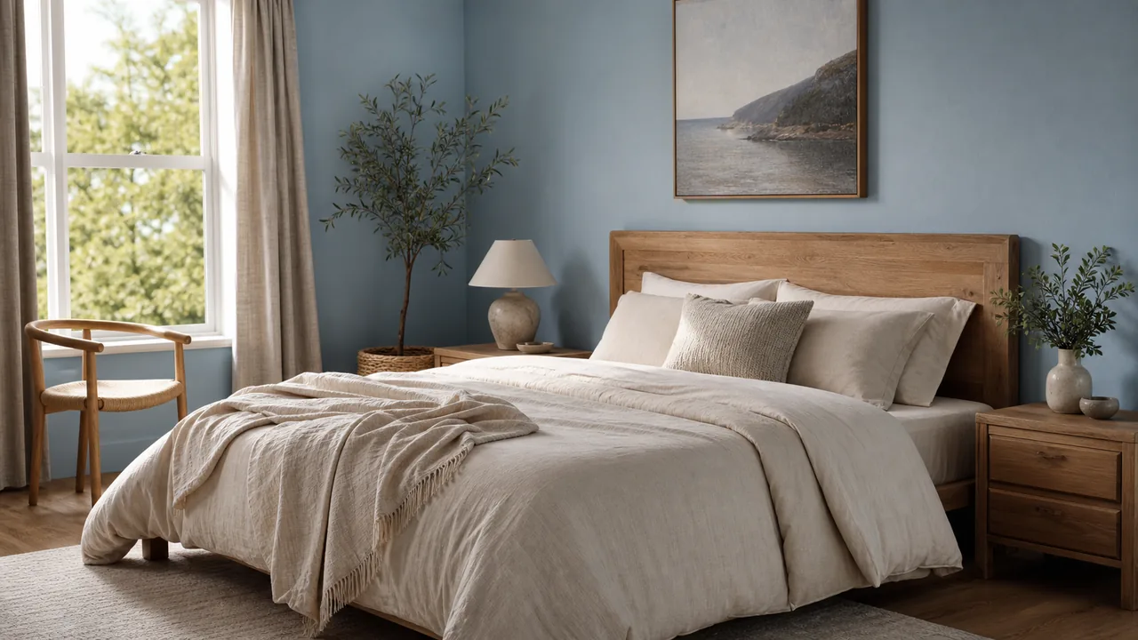 Chambre apaisante aux murs bleu doux avec linge beige