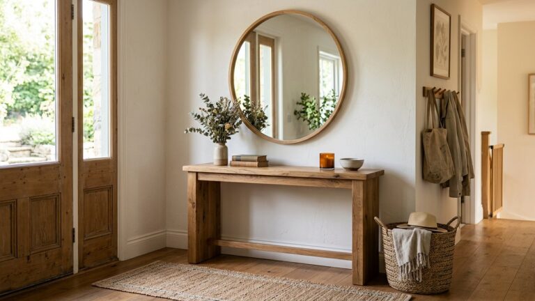 Entrée décorée avec console en bois, miroir et matières naturelles