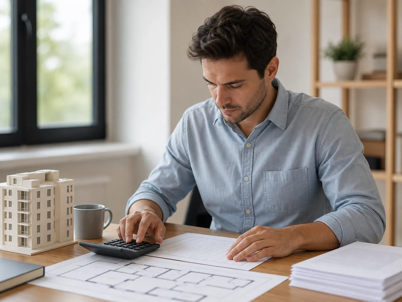 Dossier de financement immobilier préparé avec calculatrice et plan