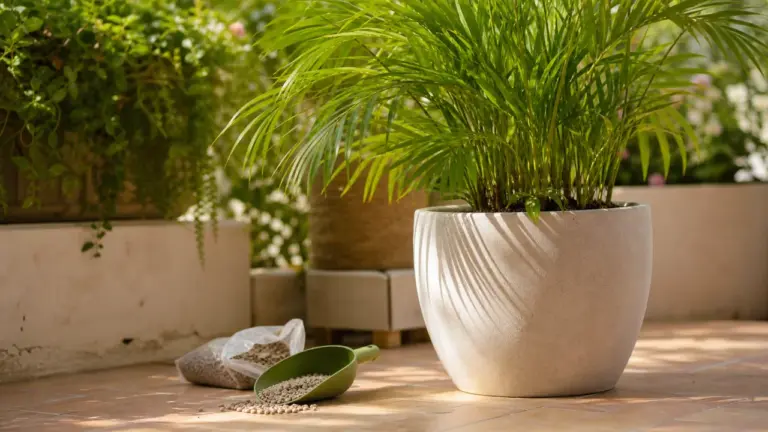 Palmier en pot sain sur une terrasse avec engrais de jardin