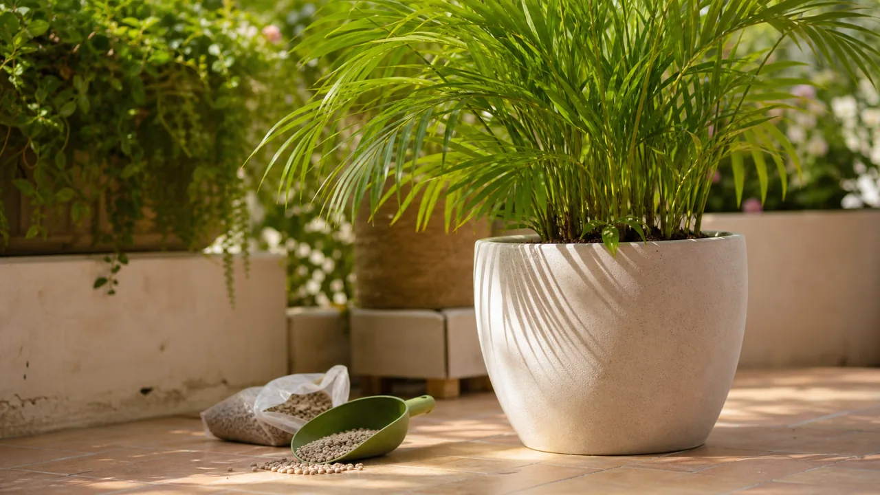 Palmier en pot sain sur une terrasse avec engrais de jardin