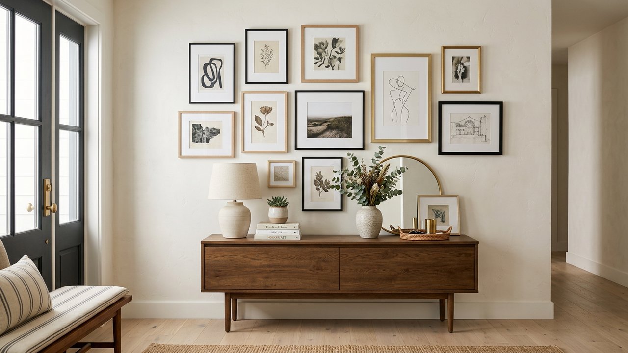 Mur d'entrée avec galerie de cadres et accessoires sur console