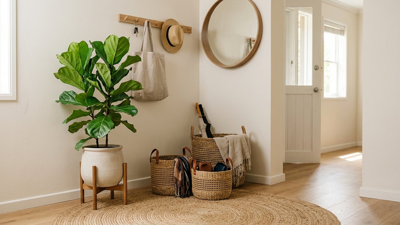 Coin d'entrée avec tapis en jute, paniers tressés et plante verte en pot