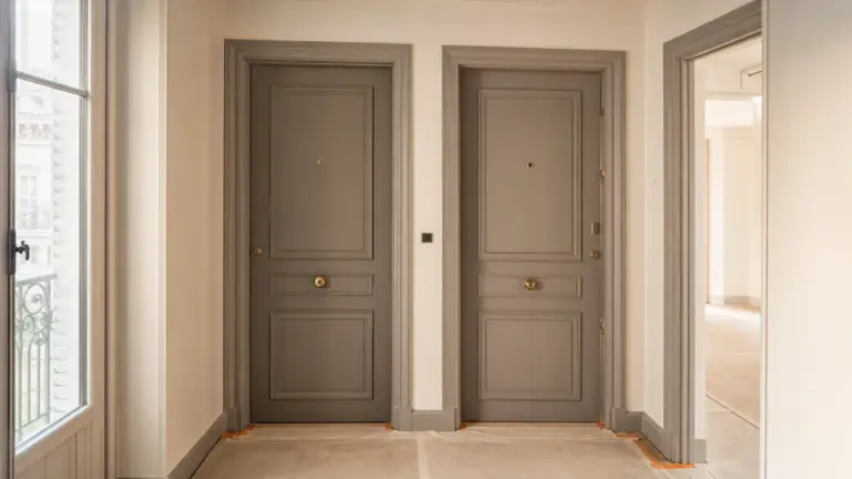 Deux portes d'appartements voisines dans un couloir de copropriété
