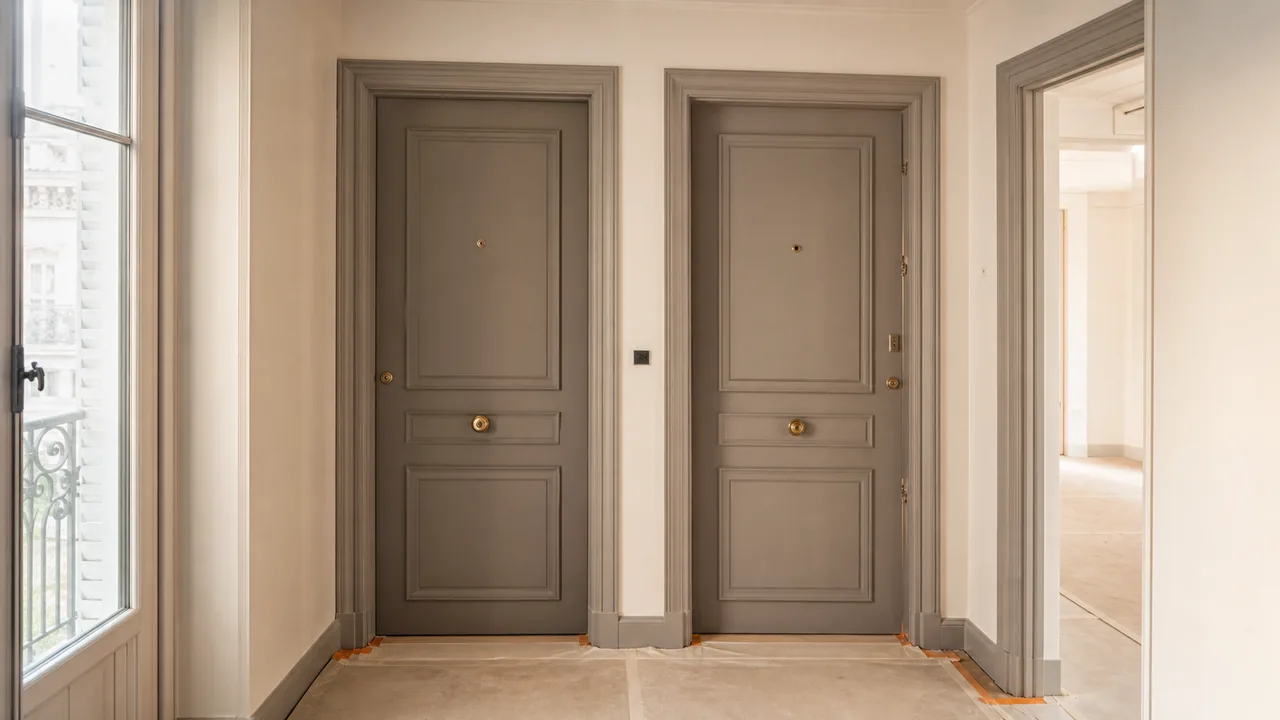 Deux portes d'appartements voisines dans un couloir de copropriété