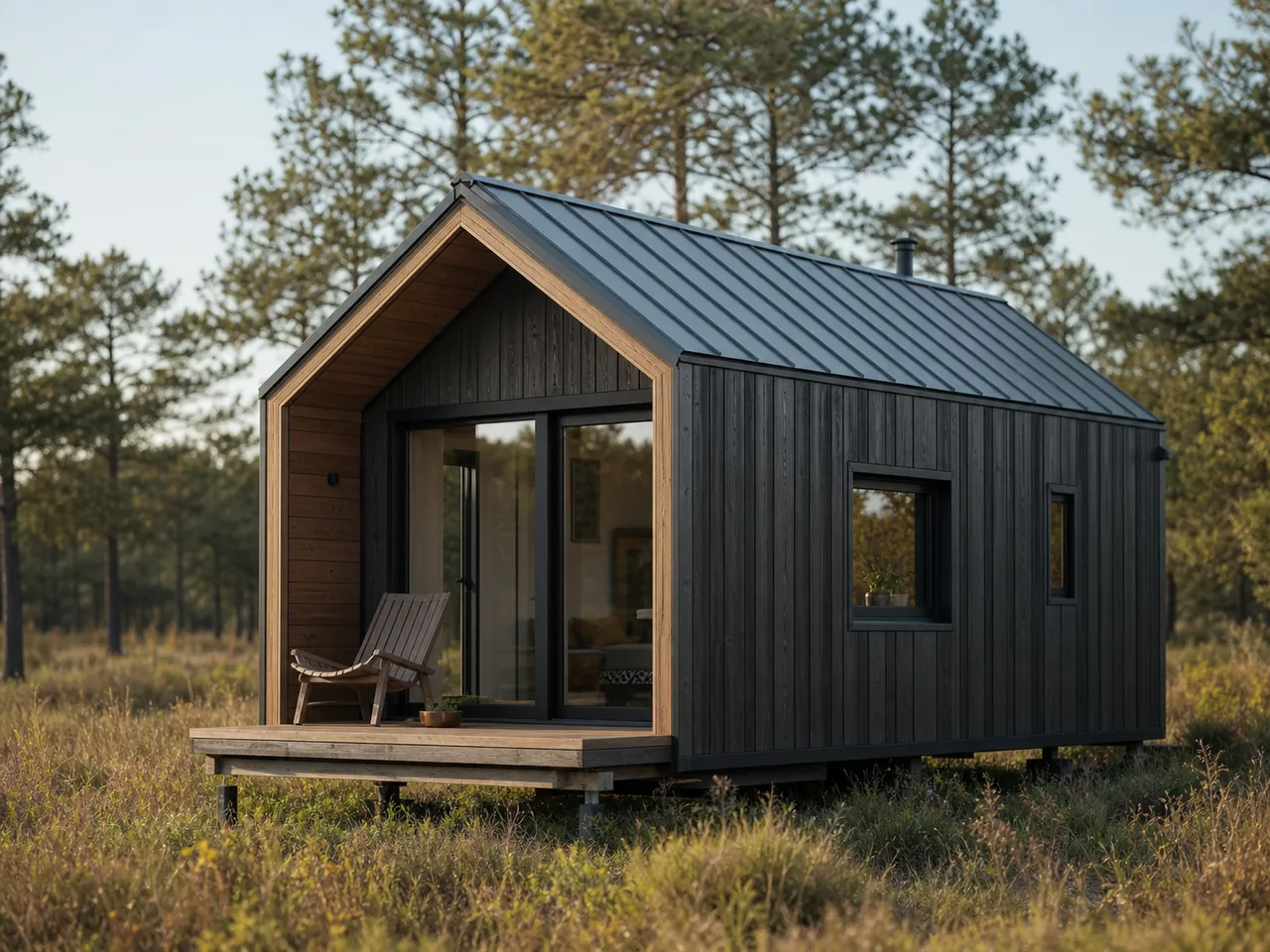 Petit habitat léger démontable installé dans un champ naturel