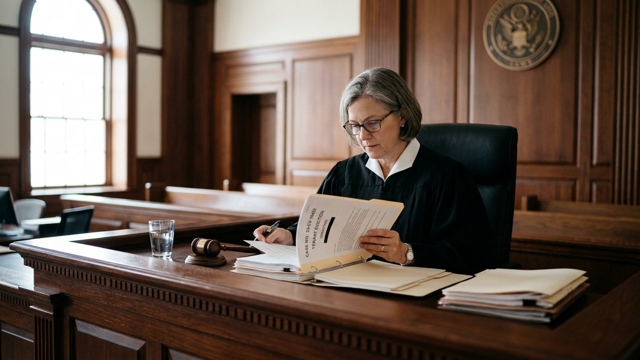 Juge examinant un dossier d'expulsion locative en audience