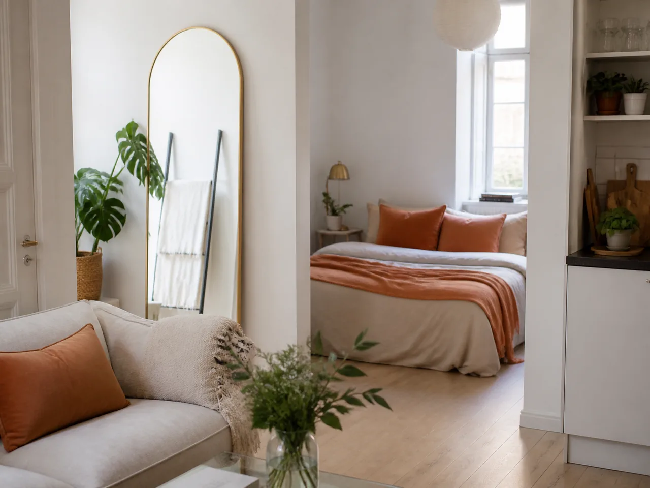 Petit studio clair avec miroir et couleurs douces