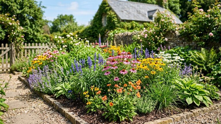 Massif de plantes d'extérieur en plein soleil avec fleurs colorées